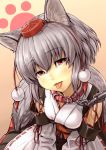  :p animal_ears breasts chain chains collar detached_sleeves face fangs grey_hair hat head_tilt highres inubashiri_momiji leash looking_at_viewer obi red_eyes shiba_itsuki short_hair silver_hair simple_background solo tail tassel tokin_hat tongue touhou v_arms wolf_ears wolf_tail 