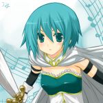  aqua_eyes aqua_hair armband blue_eyes blue_hair cape face gloves highres lkakeu magical_girl mahou_shoujo_madoka_magica miki_sayaka musical_note short_hair solo sword umyonge_(lkakeu) weapon 