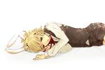  animal_ears barnaby_brooks_jr blonde_hair bunny_ears child green_eyes lying male ribbon short_hair shorts simple_background solo soso11 tiger_&amp;_bunny vest white_background young 