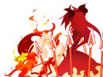  2girls back battle crossover fire fujiwara_no_mokou mahou_shoujo_madoka_magica multiple_girls polearm pyrokinesis sakura_kyouko solo spacepirate-lu spear touhou weapon 