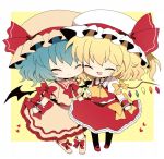  :d ^_^ ascot bad_id bat_wings blonde_hair blue_hair bow cheek-to-cheek cheek_to_cheek chibi closed_eyes embellished_costume eyes_closed flandre_scarlet frills happy haru_(kyou) hat heart multiple_girls open_mouth remilia_scarlet shirt siblings side_ponytail sisters skirt skirt_set smile touhou wings wrist_cuffs wristband 