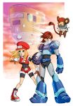  bike_shorts blonde_hair boots brown_hair data_(rockman_dash) fooray green_eyes hat headwear_removed helmet helmet_off helmet_removed monkey navel robot_joints rock_volnutt rockman rockman_dash roll_caskett 