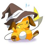  brown_eyes clothed_pokemon cosplay ears eromame hat kirisame_marisa kirisame_marisa_(cosplay) no_humans pokemon raichu simple_background sitting solo sweat tail touhou white_background wink witch witch_hat 