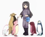  abubu akemi_homura animalization bird black_eyes black_hair boots bucket drill_hair eating feeding fish hairband kaname_madoka kyubey long_hair mahou_shoujo_madoka_magica miki_sayaka parody penguin sakura_kyouko simple_background standing tomoe_mami twin_drills white_background 