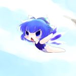  blue_eyes blue_hair bow chibi cirno falling fang hair_bow highres outstretched_arms solo speed_lines spread_arms swimsuit touhou wings yume_shokunin 