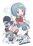  blue_eyes blue_hair cape chibi gecchu hair_ornament hairclip magical_girl mahou_shoujo_madoka_magica mermaid miki_sayaka monster_girl musical_note official_style oktavia_von_seckendorff open_mouth school_uniform shaded_face short_hair smile soul_gem spoilers sword weapon 