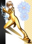 bruce_lee&#039;s_jumpsuit bruce_lee's_jumpsuit electricity fighting_stance flower green_eyes hair_ornament haruhikohiko huang_baoling shoes short_hair smile sneakers solo tiger_&amp;_bunny 