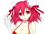  asamura_hiori bad_id bandage bandages bare_shoulders breasts bun_cover bust choker cleavage double_bun flower ibara_kasen ibaraki_kasen large_breasts red_eyes red_hair redhead short_hair solo tongue tongue_out touhou 