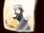  braid chain chains cuffs handcuffs izayoi_sakuya ribbon shirosato silver_hair touhou translation_request twin_braids window 