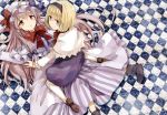  alice_margatroid blonde_hair blue_eyes capelet checkered checkered_floor crescent hairband hat kneeling lying multiple_girls on_back patchouli_knowledge purple_eyes purple_hair rin_(royal) short_hair touhou violet_eyes 