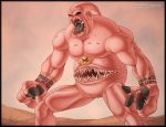  black_sclera chest_mouth dragon_ball dragon_ball_z dragonball_z fangs hand_mouth majin_buu muscle nude open_mouth pink_skin red_eyes signature solo stomach_mouth tattoo 