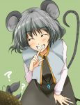 animal_ears capelet closed_eyes finger_to_mouth grey_hair grin ifuji_sakura jewelry mouse mouse_ears mouse_tail nazrin pendant smile solo tail tail_raised touhou
