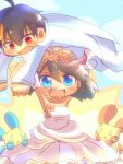  blue_eyes blush brown_hair carrying carrying_overhead chibi couple dress fang flower hair_flower hair_ornament kizuchi_(oufupuu) minun no_hat no_headwear odamaki_sapphire open_mouth plusle pokemon pokemon_special red_eyes ruby_(pokemon) scar tuxedo veil wedding wedding_dress 