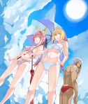  2girls absurdres ahoge animal_ears archer arm_up bandeau bare_legs bare_shoulders bikini blonde_hair braid caster_(fate/extra) cloud dark_skin fate/extra fate/stay_night fate_(series) fox_ears from_below green_eyes guratan hair_ribbon happy highres male midriff multiple_girls nero_claudius_(fate) parasol pink_hair ponytail ribbon saber_extra sky speedo standing striped striped_bikini striped_swimsuit sun sunglasses swim_trunks swimsuit tamamo_(fate)_(all) umbrella white_hair yellow_eyes 