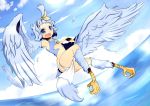  blue blue_eyes blue_hair breasts clouds copyright_request feathers harpy highres inutokage monster_girl open_mouth sky solo talons underboob wings 