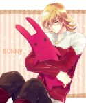  1boy bad_id barnaby_brooks_jr belt blonde_hair blush glasses green_eyes highres hug jacket jewelry male necklace red_jacket solo studded_belt stuffed_animal stuffed_bunny stuffed_toy tiger_&amp;_bunny unabara_misumi 