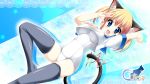  animal_ears blonde_hair blue_eyes blush cat_ears kamiya_tomoe liedown nekomimi pantyhose ribbon short_hair solo star swimsuit tail twintails wallpaper 