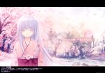 absurdres blush cherry_blossoms closed_eyes coffee-kizoku eyes_closed floral_print flower grey_hair highres japanese_clothes kimono light_smile long_hair nature original purple_hair scenery smile solo tree 
