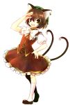  animal_ears brown_eyes brown_hair cat_ears cat_tail chen earrings hand_on_hip hat highres hips jewelry kneehighs multiple_tails open_mouth salute shirt short_hair skirt skirt_set smile socha solo tail touhou transparent_background walking white_legwear 