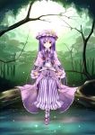  absurdres book bow brooch crescent dress forest hair_bow hair_ribbon hat highres jewelry long_hair nature patchouli_knowledge purple_eyes purple_hair ribbon sitting solo touhou violet_eyes water zzz36951 