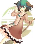  animal_ears bamboo_broom blush broom curly_hair dioptrie dress green_eyes green_hair happy inumimi kasodani_kyouko open_mouth short_hair smile solo touhou 