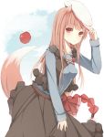  animal_ears apple bad_id beret brown_hair dress food fruit hat holo horo long_hair meet_neet red_eyes solo spice_and_wolf tail wolf_ears wolf_tail 