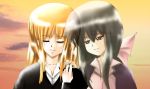  2girls akishima_yuka black_eyes black_hair blonde_hair closed_eyes himeko long_hair narcissu shinohara_himeko sky smile sunset yuka 