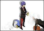  bag bird blazer blue_hair brown_hair cockroach green_eyes insect jusc0 male mawaru_penguindrum multiple_boys necktie penguin penguin_2-gou school_uniform spray takakura_shouma yamashita yamashita_yousuke 