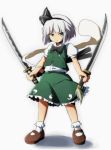  1girl blue_eyes bow dual_wielding flower hair_ribbon hairband highres hitodama konpaku_youmu konpaku_youmu_(ghost) puffy_sleeves rariemonn ribbon scabbard sheath short_hair short_sleeves silver_hair solo sword touhou weapon white_background 