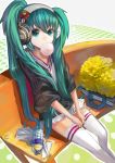  bubble_blowing bubblegum fisheye hatsune_miku headphones long_hair nanaka2011 pom_poms sitting skirt sleeves_pushed_up thigh-highs thighhighs twintails very_long_hair vocaloid 