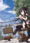  bare_shoulders bench black_hair black_legwear book cat drinking halterneck highres long_hair midriff navel nike_(smaaaash) original shenwu_(nike) shorts single_elbow_glove single_glove sky straw thigh-highs thighhighs vertical-striped_legwear vertical_stripes yellow_eyes 