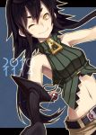  bare_shoulders belt black_hair halterneck long_hair midriff navel nike_(smaaaash) original shenwu_(nike) single_elbow_glove single_glove smile solo wink yellow_eyes 