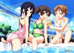  :d :o all_fours asakura_ryou_(artist) ass bare_shoulders barefoot bikini black_hair blue_sky blush breasts brown_eyes casual_one-piece_swimsuit cleavage closed_eyes english eyes_closed feeding flat_chest food hirasawa_ui ice_cream k-on! looking_at_viewer looking_back multiple_girls nakano_azusa navel one-piece_swimsuit open_mouth ponytail pool poolside red_eyes short_twintails sitting sky smile suzuki_jun swimsuit trefoil twintails water water_slide wet 