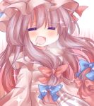  :d =_= bad_id blush bow bust closed_eyes daitirumoesu drooling eyes_closed hair_bow hat long_hair open_mouth patchouli_knowledge purple_hair saliva smile solo sparkle touhou 