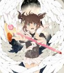  adacar angel_wings blue_eyes brown_hair card_captor_sakura cardcaptor_sakura child fuuin_no_tsue hair_bobbles hair_ornament kinomoto_sakura magical_girl school_uniform short_twintails solo twintails wand wings 