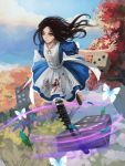  alice_(wonderland) alice_in_wonderland american_mcgee's_alice apron black_hair blood boots butterfly dress empty_eyes feather flower gjred green_eyes highres jewelry knife long_hair necklace pantyhose sky solo striped striped_legwear sword weapon 