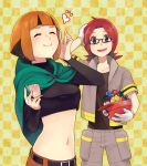  belt berries berry berry_(pokemon) closed_eyes eating eyes_closed glasses godly_midriff gym_leader hat hat_removed headwear_removed heart helmet helmet_removed hyouta_(pokemon) midriff natane_(pokemon) navel orange_hair pokemon pokemon_(game) pokemon_dppt red_hair redhead short_hair smile 