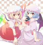  ascot bad_id bat_wings blonde_hair blue_hair checkered checkered_background dress flandre_scarlet hat highres isk looking_at_viewer multiple_girls red_eyes remilia_scarlet short_hair siblings sisters smile touhou wings 