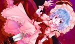  adapted_costume ascot blood blood_on_clothes bloody_clothes bow dutch_angle grin hat paco_(eien_mikan) purple_hair red_eyes remilia_scarlet short_hair smile solo touhou 