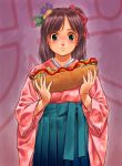  blush brown_hair copyright_request face food hair_ornament hakama hands hot_dog japanese_clothes pizza_man solo 