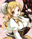  beret blonde_hair breasts charlotte_(madoka_magica) corset detached_sleeves drill_hair fingerless_gloves gloves hair_ornament hat large_breasts magical_girl mahou_shoujo_madoka_magica open_mouth pleated_skirt puffy_sleeves reliance. skirt smile tomoe_mami twin_drills yellow_eyes 