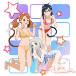  all_fours animal_ears anjou_naruko ano_hi_mita_hana_no_namae_wo_bokutachi_wa_mada_shiranai asymmetrical_hair barefoot bikini black_hair blue_eyes brown_eyes brown_hair cat_ears cat_pose cat_tail glasses green_eyes honma_meiko long_hair multiple_girls nekomimi_55-go one-piece_swimsuit paw_pose red-framed_glasses silver_hair swimsuit tail tsurumi_chiriko 