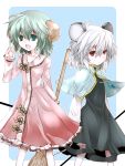  animal_ears bamboo_broom broom capelet dowsing_rod dress green_eyes green_hair grey_dress hand_to_mouth jewelry kasodani_kyouko mouse_ears mouse_tail multiple_girls nazrin necklace open_mouth pendant pink_dress shirt silver_hair smile tail toraneko touhou 