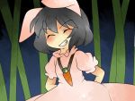  aenobas animal_ears bad_id bamboo black_hair bunny_ears carrot close-up closed_eyes comic dress eyes_closed grin hammer_(sunset_beach) inaba_tewi jewelry necklace short_hair silent_comic smile smirk solo touhou 