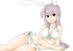 animal_ears bad_anatomy bad_id bare_shoulders bikini breasts brown_eyes bunny_ears bunny_tail cleavage collarbone face front-tie_top hands koyama_shigeru large_breasts long_hair purple_hair reisen_udongein_inaba sarong simple_background solo swimsuit tail touhou 