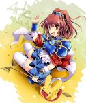  armor bracer brown_hair cape carbuncle highres ichirino_minagi madou_monogatari open_mouth pointing puyopuyo short_hair skirt thigh-highs thighhighs tongue wand white_legwear yellow_eyes 