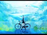  bicycle bird cloud hatsune_miku headphones highres irena kneehighs letterboxed long_hair profile railing reflection vocaloid walking whale 
