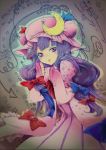  bow cloak crescent eyeshadow hat long_hair long_sleeves makeup marumero33 no_nose patchouli_knowledge purple_hair sleeves_past_wrists solo touhou 