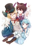  3boys :3 :p absurdres alice_(wonderland) alice_(wonderland)_(cosplay) alice_in_wonderland animal_ears boots card cat_ears cheshire_cat cheshire_cat_(cosplay) cosplay cravat ensemble_stars! hair_ribbon hat highres koji_miruku mad_hatter mad_hatter_(cosplay) multiple_boys one_eye_closed pantyhose ribbon sakuma_ritsu shino_hajime smile sparkle striped striped_legwear tenshouin_eichi tongue tongue_out top_hat 