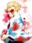  blonde_hair cain0918 flower hibiscus highres ivan_karelin japanese_clothes katana male mouth_hold purple_eyes short_hair solo sword tiger_&amp;_bunny violet_eyes weapon zoom_layer 